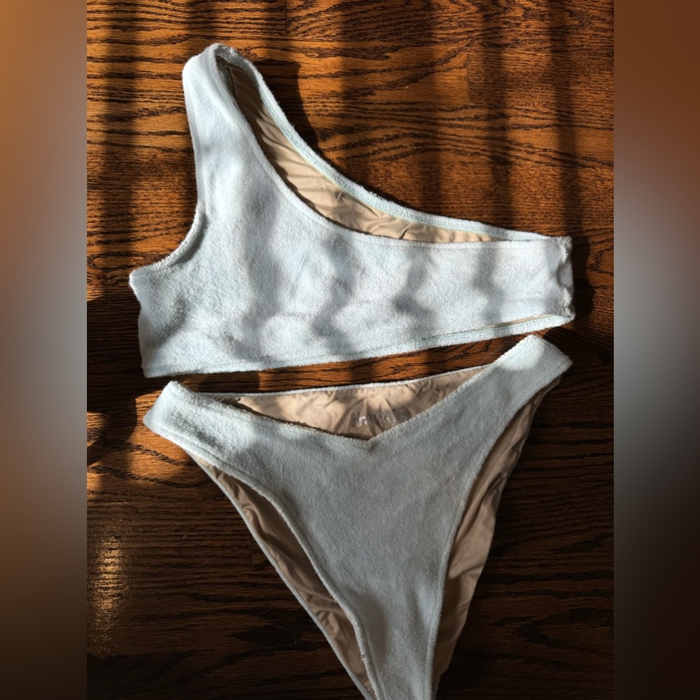 Frankie's Bikinis White One-Shoulder Terry Bikini Set